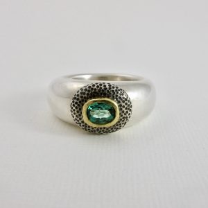 Tourmaline in gold on small dimpled silver pebble signet